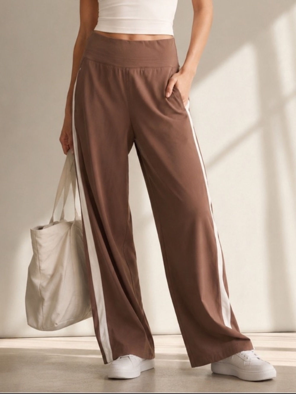 Athleta Wide Leg Track Pants Brown White Side Stripe Travel 1X